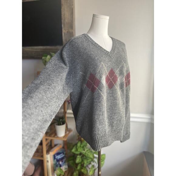 Vintage 90s Gray White Red Argyle Shetland Wool Sweater Size Large - Picture 4 of 6